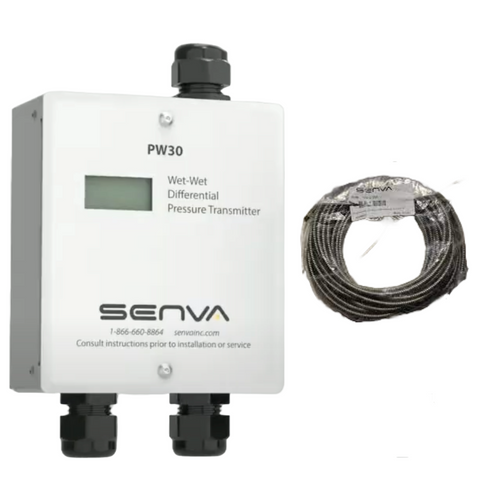 Senva PW30M-020-A : Remote Wet-to-Wet Differential Pressure Transducer, Metal NEMA 3R Enclosure, Selectable Output 0-5V, 0-10V, or 4-20mA, 20' Factory Pre-Wired Armored Cable, Remote Sensors Sold Seperately, LCD Display