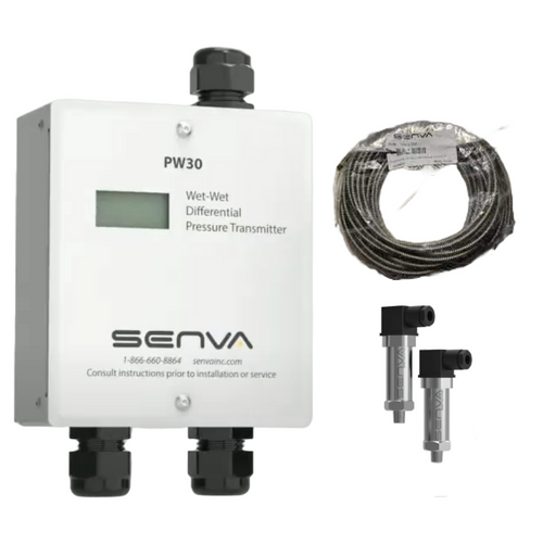 Senva PW30M-035-A-050 : Remote Wet-to-Wet Differential Pressure Transducer, Metal NEMA 3R Enclosure, Selectable Output 0-5V, 0-10V, or 4-20mA, 35' Factory Pre-Wired Armored Cable, Includes (Two) PWT050 (0-50 PSID) Remote Sensors, LCD Display