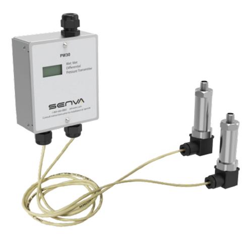 Senva PW30M-075-250 : Remote Wet-to-Wet Differential Pressure Transducer, Metal NEMA 3R Enclosure, Selectable Output 0-5V, 0-10V, or 4-20mA, 75' Factory Pre-Wired Standard Cable, Includes (Two) PWT250 (0-250 PSID) Remote Sensors, LCD Display