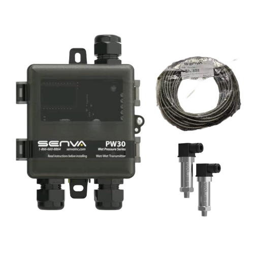 Senva PW30W-003-A-050 : Remote Wet-to-Wet Differential Pressure Transducer, Plastic NEMA 4X Enclosure, Selectable Output 0-5V, 0-10V, or 4-20mA, 3' Factory Pre-Wired Armored Cable, Includes (Two) PWT050 (0-50 PSID) Remote Sensors, LCD Display