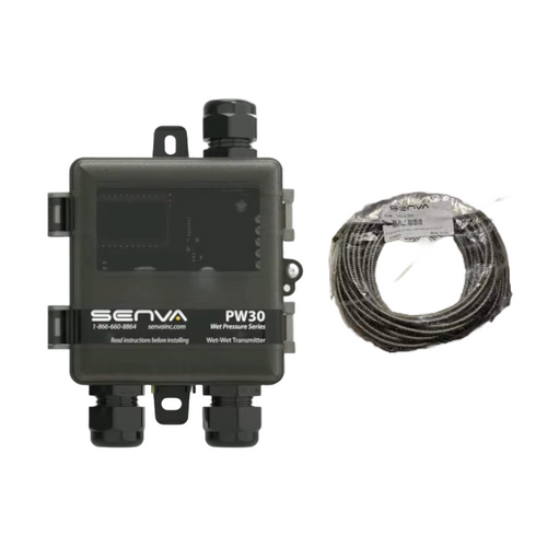 Senva PW30W-006-A : Remote Wet-to-Wet Differential Pressure Transducer, Plastic NEMA 4X Enclosure, Selectable Output 0-5V, 0-10V, or 4-20mA, 6' Factory Pre-Wired Armored Cable, Remote Sensors Sold Seperately, LCD Display