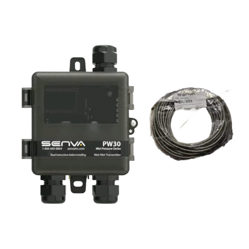Senva PW30W-009-A : Remote Wet-to-Wet Differential Pressure Transducer, Plastic NEMA 4X Enclosure, Selectable Output 0-5V, 0-10V, or 4-20mA, 9' Factory Pre-Wired Armored Cable, Remote Sensors Sold Seperately, LCD Display