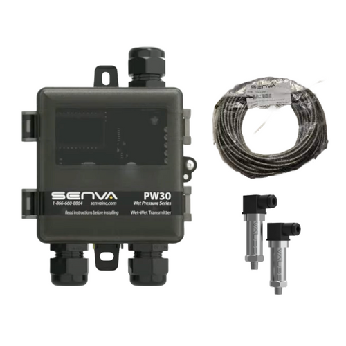 Senva PW30W-015-A-050 : Remote Wet-to-Wet Differential Pressure Transducer, Plastic NEMA 4X Enclosure, Selectable Output 0-5V, 0-10V, or 4-20mA, 15' Factory Pre-Wired Armored Cable, Includes (Two) PWT050 (0-50 PSID) Remote Sensors, LCD Display