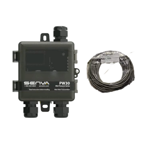 Senva PW30W-020-A : Remote Wet-to-Wet Differential Pressure Transducer, Plastic NEMA 4X Enclosure, Selectable Output 0-5V, 0-10V, or 4-20mA, 20' Factory Pre-Wired Armored Cable, Remote Sensors Sold Seperately, LCD Display