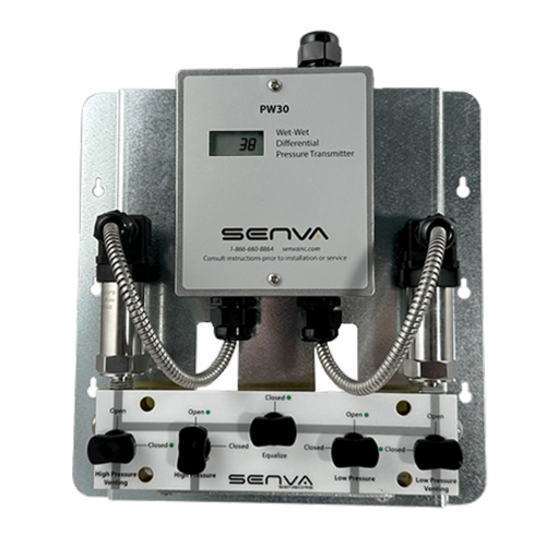 Senva PW30M-5V-050 : Remote Wet-to-Wet Differential Pressure Transducer, Assembled with 5 Valve Bypass Manifold, Metal NEMA 3R Enclosure, Selectable Output 0-5V, 0-10V, or 4-20mA, Includes (Two) PWT050 (0-50 PSID) Remote Sensors, LCD Display