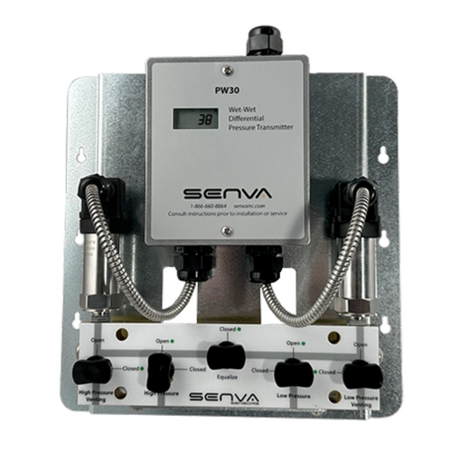 Senva PW30M-5V-100 : Remote Wet-to-Wet Differential Pressure Transducer, Assembled with 5 Valve Bypass Manifold, Metal NEMA 3R Enclosure, Selectable Output 0-5V, 0-10V, or 4-20mA, Includes (Two) PWT100 (0-100 PSID) Remote Sensors, LCD Display