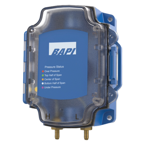 BAPI ZPS-05-FR52-BB-NT : Fixed Range Pressure (FRP) Differential Pressure Sensor, 0-5V Output, 0" to 0.25" Unidirectional Pressure Range, No Tube included, NEMA 4 Enclosure, 5-Color LED to Indicate Pressure Status, 5-Year Warranty