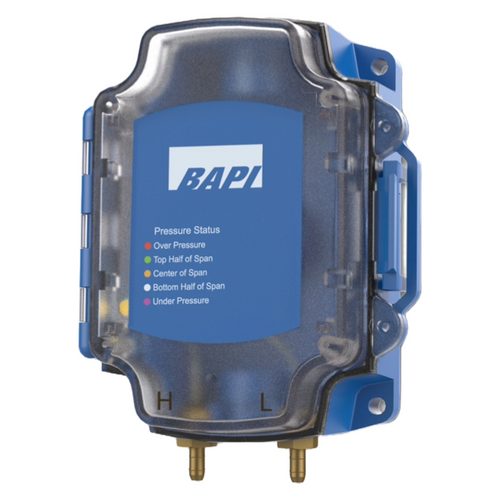 BAPI ZPS-05-FR60-BB-NT : Fixed Range Pressure (FRP) Differential Pressure Sensor, 0-5V Output, -1.0" to 1.0" Bidirectional Pressure Range, No Tube included, NEMA 4 Enclosure, 5-Color LED to Indicate Pressure Status, 5-Year Warranty