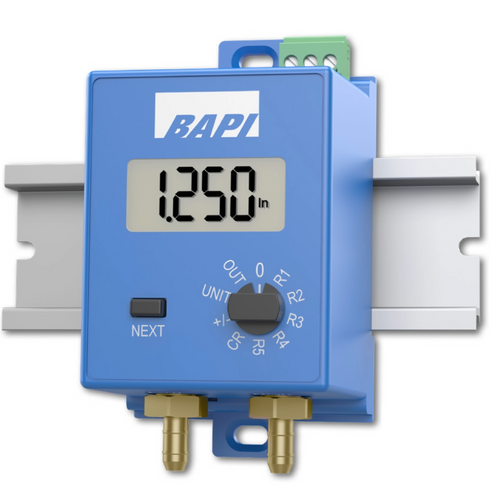 BAPI ZPS-SR-EZ-ST-IN : EZ Pressure Sensor Mounted on Din Rail, Standard Range Unit, Inches WC, LCD Display, Static Pressure Probe, Snaptrack, DIN Rail or Surface Mounting, 5-Year Warranty