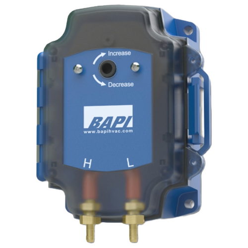 BAPI BA/SW7A - Differential Pressure Switch (Plastic), Purple spring factory-installed, 12-40 inWC adjustable, SPDT silver contacts, 5A at 125 VAC, 6 selectable range springs included, hinged-cover plastic enclosure, Made in USA