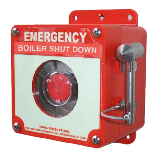 Pilla ST120SN4XNMSL-Boiler Shut Down : Emergency Break Glass Station, Legend: "Emergency Boiler Shut Down", No Push Button - Auto Release When Glass Broken, Surface Mount Nema NEMA 4X All NonMetallic Enclosure, Fits 1-3 Contact Blocks