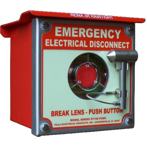 Pilla ST120SN3RBP1 : Emergency Break Glass Station, Legend: "Emergency Electrical Disconnect", Momentary Button Behind Glass, Surface Mount Nema 3R Enclosure, Fits 1-6 Contact Blocks