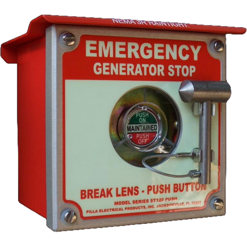 Pilla ST120SN3RBP2SL-Emergency Generator Stop : Emergency Break Glass Station, Legend: "Emergency Generator Stop", Maintained (Push On/Push Off) Button Behind Glass, Surface Mount Nema 3R Enclosure, Fits 1-6 Contact Blocks