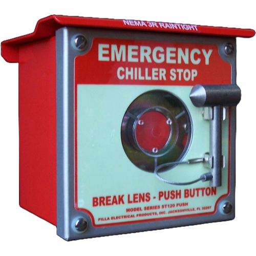 Pilla ST120SN3RBP1SL-Emergency Chiller Stop : Emergency Break Glass Station, Legend: "Emergency Chiller Stop", Momentary Button Behind Glass, Surface Mount Nema 3R Enclosure, Fits 1-6 Contact Blocks