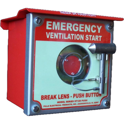 Pilla ST120SN3RBP1SL-Emergency Ventilation Start : Emergency Break Glass Station, Legend: "Emergency Ventilation Start", Momentary Button Behind Glass, Surface Mount Nema 3R Enclosure, Fits 1-6 Contact Blocks