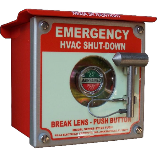 Pilla ST120SN3RBP2SL-Emergency HVAC Shut-Down : Emergency Break Glass Station, Legend: "Emergency HVAC Shut-Down", Maintained (Push On/Push Off) Button Behind Glass, Surface Mount Nema 3R Enclosure, Fits 1-6 Contact Blocks