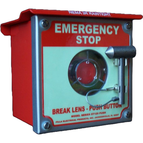 Pilla ST120SN3RBP1SL-Emergency Stop : Emergency Break Glass Station, Legend: "Emergency Stop", Momentary Button Behind Glass, Surface Mount Nema 3R Enclosure, Fits 1-6 Contact Blocks