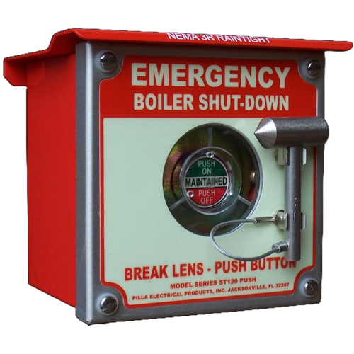 Pilla ST120SN3RBP2SL-Emergency Boiler Shut-Down : Emergency Break Glass Station, Legend: "Emergency Boiler Shut-Down", Maintained (Push On/Push Off) Button Behind Glass, Surface Mount Nema 3R Enclosure, Fits 1-6 Contact Blocks