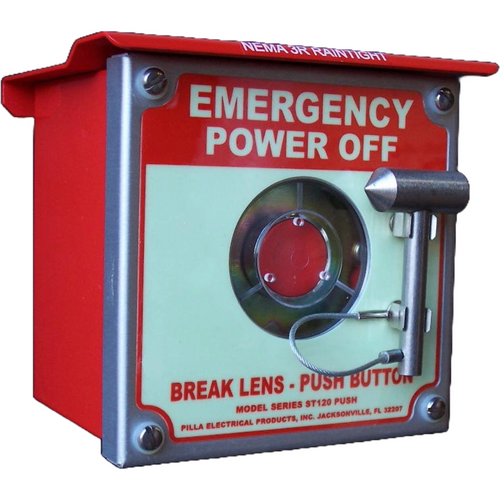 Pilla ST120SN3RBP1SL-Emergency Power Off : Emergency Break Glass Station, Legend: "Emergency Power Off", Momentary Button Behind Glass, Surface Mount Nema 3R Enclosure, Fits 1-6 Contact Blocks