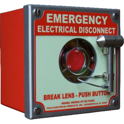 Pilla ST120SN1BP1 : Emergency Break Glass Station, Legend: "Emergency Electrical Disconnect", Momentary Button Behind Glass, Surface Mount Nema 1 Enclosure, Fits 1-6 Contact Blocks