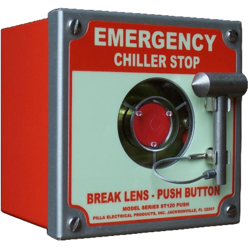 Pilla ST120SN1BP1SL-Emergency Chiller Stop : Emergency Break Glass Station, Legend: "Emergency Chiller Stop", Momentary Button Behind Glass, Surface Mount Nema 1 Enclosure, Fits 1-6 Contact Blocks