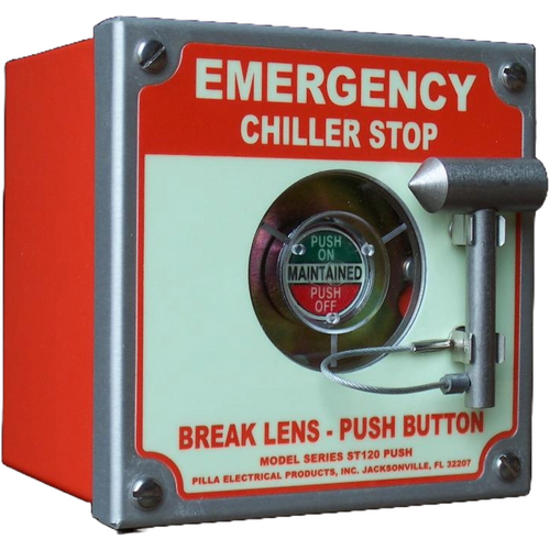 Pilla ST120SN1BP2SL-Emergency Chiller Stop : Emergency Break Glass Station, Legend: "Emergency Chiller Stop", Maintained (Push On/Push Off) Button Behind Glass, Surface Mount Nema 1 Enclosure, Fits 1-6 Contact Blocks