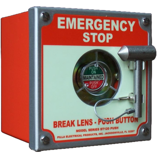 Pilla ST120SN1BP2SL-Emergency Stop : Emergency Break Glass Station, Legend: "Emergency Stop", Maintained (Push On/Push Off) Button Behind Glass, Surface Mount Nema 1 Enclosure, Fits 1-6 Contact Blocks