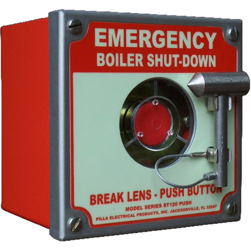 Pilla ST120SN1BP1SL-Emergency Boiler Shut-Down : Emergency Break Glass Station, Legend: "Emergency Boiler Shut-Down", Momentary Button Behind Glass, Surface Mount Nema 1 Enclosure, Fits 1-6 Contact Blocks