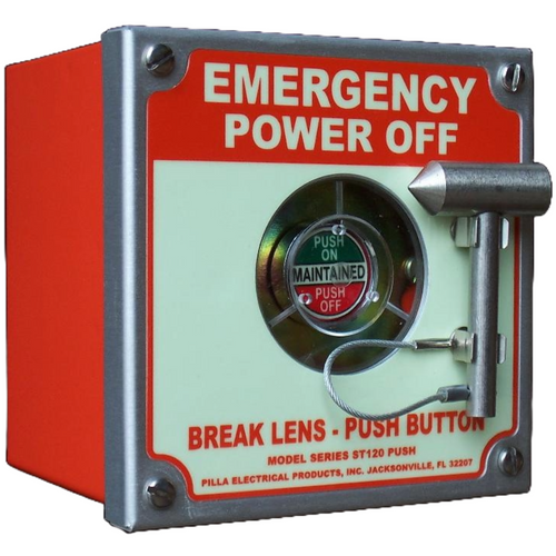 Pilla ST120SN1BP2SL-Emergency Power Off : Emergency Break Glass Station, Legend: "Emergency Power Off", Maintained (Push On/Push Off) Button Behind Glass, Surface Mount Nema 1 Enclosure, Fits 1-6 Contact Blocks