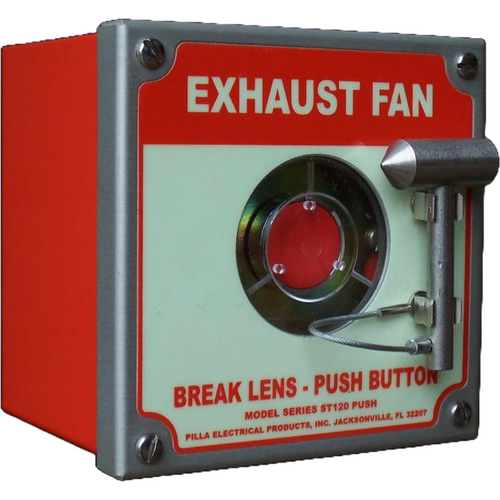 Pilla ST120SN1BP1SL-Exhaust Fan : Emergency Break Glass Station, Legend: "Exhaust Fan", Momentary Button Behind Glass, Surface Mount Nema 1 Enclosure, Fits 1-6 Contact Blocks
