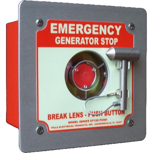 Pilla ST120FN1BP1SL-Emergency Generator Stop : Emergency Break Glass Station, Legend: "Emergency Generator Stop", Momentary Button Behind Glass, Flush Mount Nema 1 Enclosure, Fits 1-6 Contact Blocks