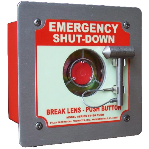 Pilla ST120FN1BP1SL-Emergency Shut-Down : Emergency Break Glass Station, Legend: "Emergency Shut-Down", Momentary Button Behind Glass, Flush Mount Nema 1 Enclosure, Fits 1-6 Contact Blocks