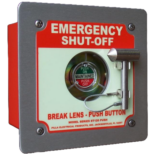 Pilla ST120FN1BP2SL-Emergency Shut-Off : Emergency Break Glass Station, Legend: "Emergency Shut-Off", Maintained (Push On/Push Off) Button Behind Glass, Flush Mount Nema 1 Enclosure, Fits 1-6 Contact Blocks