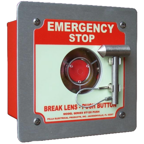 Pilla ST120FN1BP1SL-Emergency Stop : Emergency Break Glass Station, Legend: "Emergency Stop", Momentary Button Behind Glass, Flush Mount Nema 1 Enclosure, Fits 1-6 Contact Blocks