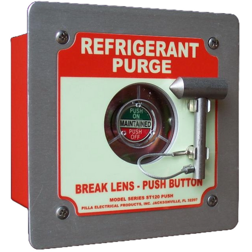 Pilla ST120FN1BP2SL-Refrigerant Purge : Emergency Break Glass Station, Legend: "Refrigerant Purge", Maintained (Push On/Push Off) Button Behind Glass, Flush Mount Nema 1 Enclosure, Fits 1-6 Contact Blocks