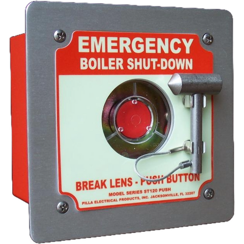 Pilla ST120FN1BP1SL-Emergency Boiler Shut-Down : Emergency Break Glass Station, Legend: "Emergency Boiler Shut-Down", Momentary Button Behind Glass, Flush Mount Nema 1 Enclosure, Fits 1-6 Contact Blocks