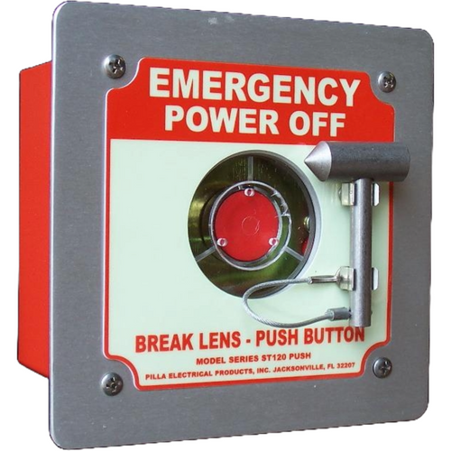 Pilla ST120FN1BP1SL-Emergency Power Off : Emergency Break Glass Station, Legend: "Emergency Power Off", Momentary Button Behind Glass, Flush Mount Nema 1 Enclosure, Fits 1-6 Contact Blocks