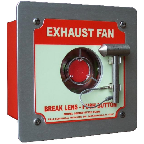 Pilla ST120FN1BP1SL-Exhaust Fan : Emergency Break Glass Station, Legend: "Exhaust Fan", Momentary Button Behind Glass, Flush Mount Nema 1 Enclosure, Fits 1-6 Contact Blocks