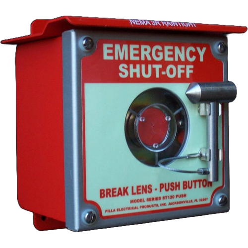Pilla ST120SN4BP1SL-Emergency Shut-Off : Emergency Break Glass Station, Legend: "Emergency Shut-Off", Momentary Button Behind Glass, Surface Mount Nema NEMA 4&12 Enclosure, Fits 1-6 Contact Blocks