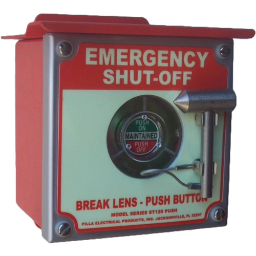 Pilla ST120SN4BP2SL-Emergency Shut-Off : Emergency Break Glass Station, Legend: "Emergency Shut-Off", Maintained (Push On/Push Off) Button Behind Glass, Surface Mount Nema NEMA 4&12 Enclosure, Fits 1-6 Contact Blocks
