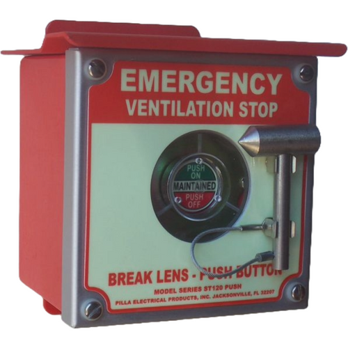 Pilla ST120SN4BP2SL-Emergency Ventilation Stop : Emergency Break Glass Station, Legend: "Emergency Ventilation Stop", Maintained (Push On/Push Off) Button Behind Glass, Surface Mount Nema NEMA 4&12 Enclosure, Fits 1-6 Contact Blocks