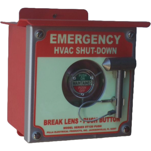 Pilla ST120SN4BP2SL-Emergency HVAC Shut-Down : Emergency Break Glass Station, Legend: "Emergency HVAC Shut-Down", Maintained (Push On/Push Off) Button Behind Glass, Surface Mount Nema NEMA 4&12 Enclosure, Fits 1-6 Contact Blocks