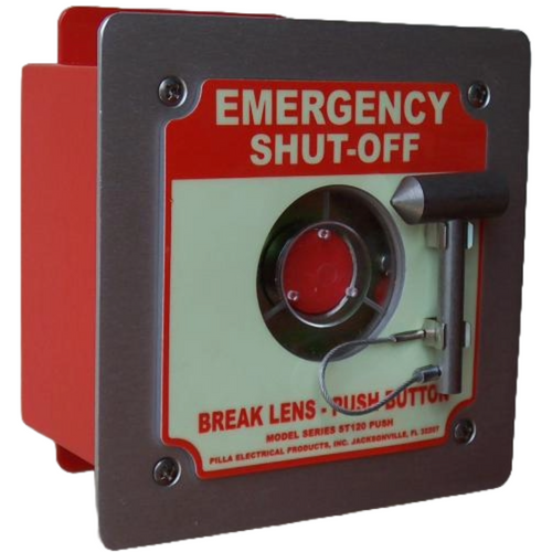 Pilla ST120FN4BP1SL-Emergency Shut-Off : Emergency Break Glass Station, Legend: "Emergency Shut-Off", Momentary Button Behind Glass, Flush Mount Nema NEMA 4&12 Enclosure, Fits 1-6 Contact Blocks