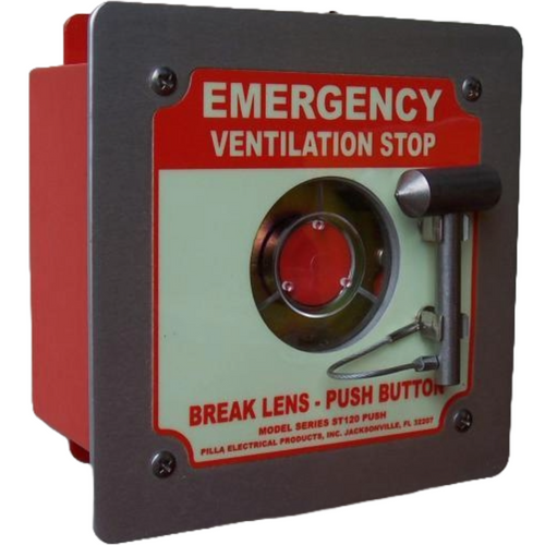 Pilla ST120FN4BP1SL-Emergency Ventilation Stop : Emergency Break Glass Station, Legend: "Emergency Ventilation Stop", Momentary Button Behind Glass, Flush Mount Nema NEMA 4&12 Enclosure, Fits 1-6 Contact Blocks