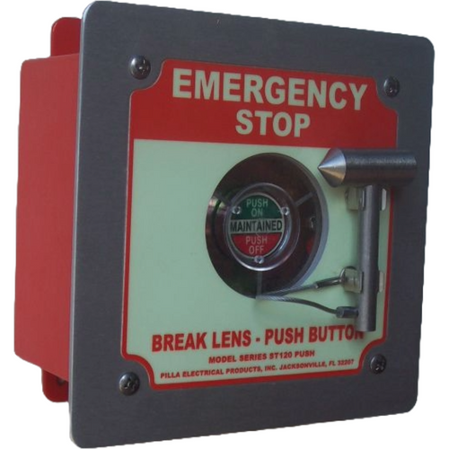 Pilla ST120FN4BP2SL-Emergency Stop : Emergency Break Glass Station, Legend: "Emergency Stop", Maintained (Push On/Push Off) Button Behind Glass, Flush Mount Nema NEMA 4&12 Enclosure, Fits 1-6 Contact Blocks