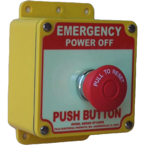 Pilla ST120PB : Emergency "Power Off" Push Button Operator Station, Maintained "Pull to Reset" 40mm Red Mushroom Operator, Surface Mount Nema 4x & 12 Nonmetallic Enclosure, 12 Amp at 120 VAC, 10 Amp at 24 VDC, Fits 1-3 Contact Blocks