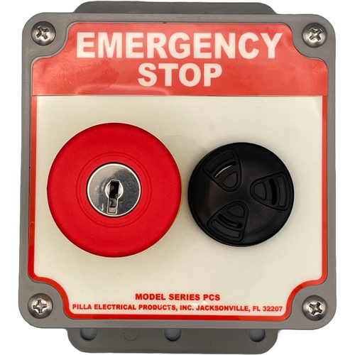 Pilla MTS1KRB1SL(ST) : "Emergency Stop" Push Button Station, Key Release 40mm Mushroom Button, 120V Audible Alarm, Surface Mount Nema 4/4X Enclosure, Fits 1-3 Contact Blocks