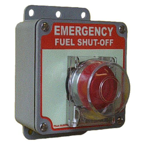 Pilla FS120MOGRYCLMXD : "Emergency Fuel Shut Off " Push Button Station, Momentary 40mm Mushroom Button, One Clear Hinged Lockout Lid, Grey Surface Mount Nema 4/4X Enclosure, Extra Depth Model Fits 1-9 Contact Blocks