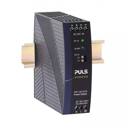 Functional Devices PULS-PIC120-241D : DIN Rail Mount DC Power Supply, Single Switching, 100-240 Vac to 24-28 Vdc, 5.0 Amp, Screw Terminals, Relay Contact