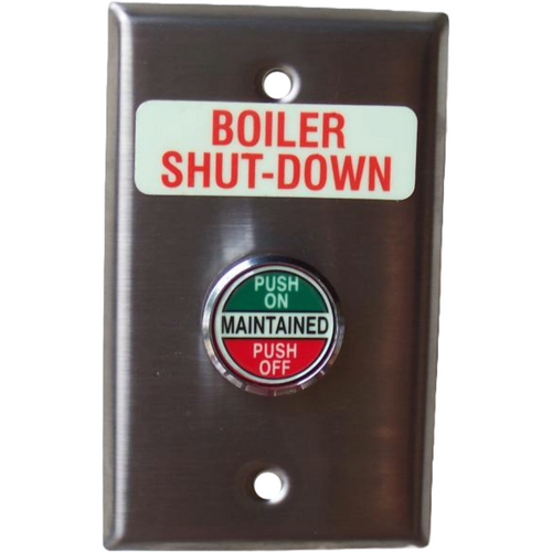 Pilla WPSDFSL Boiler Shut-Down : Wall Plate Operator Station, Red Maintained Round Push Button (PUSH ON-PUSH OFF), Flush Head, "Boiler Shut-Down", NEMA 1 (Indoor) Rated, Fits 1-3 Contact Blocks, UL Listed